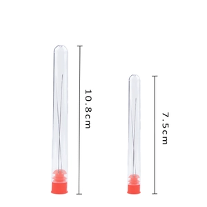 Detailed view of two clear storage tubes for beading needles in 10.8cm and 7.5cm sizes