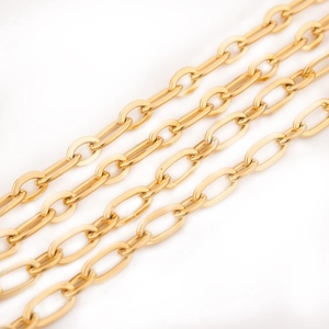 Macro view of gold-plated stainless steel flattened O-link jewelry chains on white background
