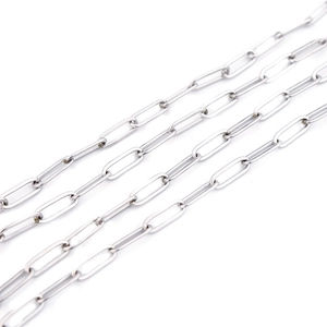 Detailed close-up of high-polish silver stainless steel paperclip chain links