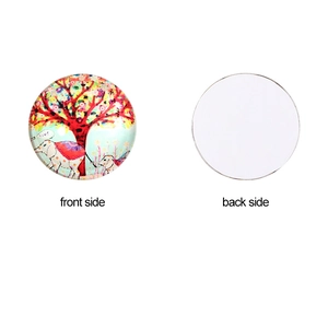 Front and back view of round glass Tree of Life cabochon with colorful elephant design
