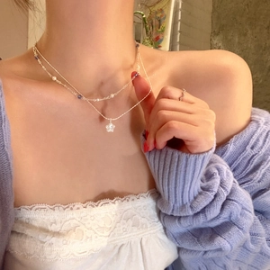 Elegant Double Layer Star Pendant Necklace For Women Copper With Zirconia And Artificial Pearl Beads Clavicle Chain Jewelry
