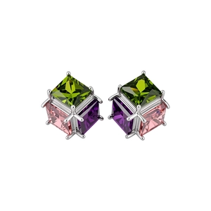 Exquisite geometric square zircon stud earrings with multi-colored crystals for women.