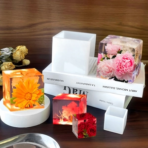 Translucent cube silicone mold for DIY resin art with embedded flowers and miniature landscapes