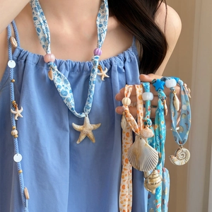 Ocean Style Starfish Shell Pendant Necklace For Women Satin Scarf Neck Tie Handmade Resin Beaded Clavicle Chain Jewelry