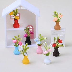 Miniature resin flower vases set with colorful tiny bouquets for dollhouse DIY decoration