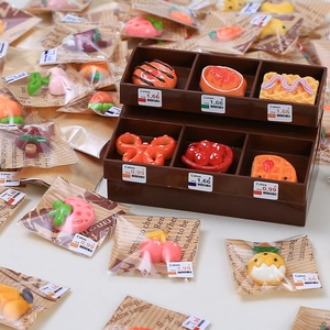 Miniature resin food models set with individual packaging and a wooden display stand