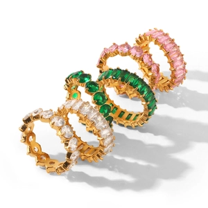 18k gold plated titanium eternity rings with pink, green, and clear zircon stones