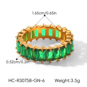 Detailed size specifications of gold-plated eternity ring with emerald green stones