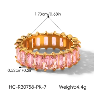 Detailed view of 18k gold plated eternity ring with pink baguette-cut cubic zirconia stones