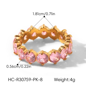 Detailed view of eternity ring with pink zircon stones and dimension specifications