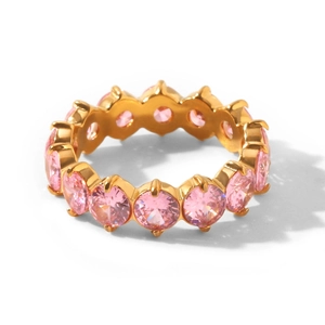 Detailed view of 18k gold plated eternity ring set with round pink zircon stones