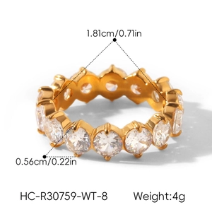 Macro view of gold eternity ring with zirconia inlay showing 0.56cm width dimension