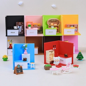 DIY miniature dollhouse kit with cartoon figure, colorful bakery and coffee shop scenes