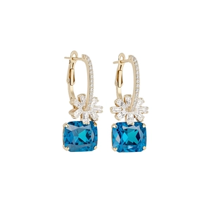 Elegante Blumen-Creolen mit quadratischem blauem Zirkon und feinem Silbernadel-Design