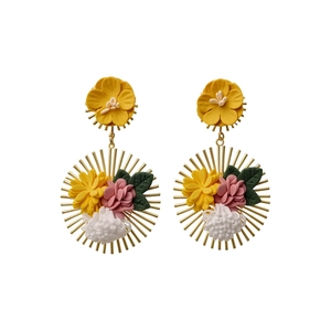 Handmade fabric flower drop earrings with gold sunburst design for vacation wear