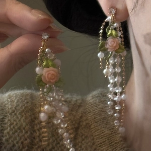 French Vintage Rose Artificial Pearl Tassel Drop Earrings For Women Elegant Pink Flower Alloy Rhinestone With Silver Post