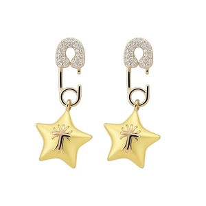 Elegant zircon-paved safety pin earrings with cross-embossed star charms in gold finish