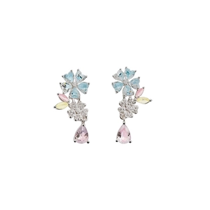 Elegant silver needle flower stud earrings with colorful zircon and heart accents for women