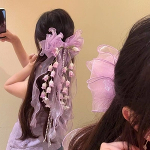 Elegant purple lace bow hair clip with lily of the valley and pearl tassels detail