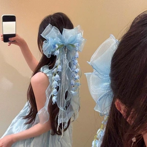 Ethereal Blue Lily Of The Valley Bow Hair Clip For Women Fabric Lace Ribbon Hairpin With Artificial Pearl Tassel Sweet Long Streamer Headwear