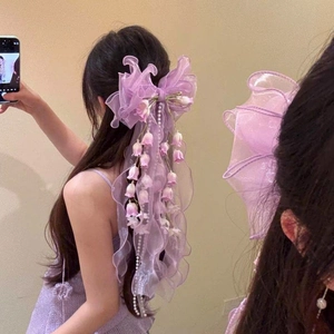Exquisite lavender bow hair clip featuring lily of the valley flowers and dreamy lace ribbons
