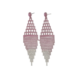 Eleganti orecchini pendenti con strass rosa e bianchi a forma di rombo traforato
