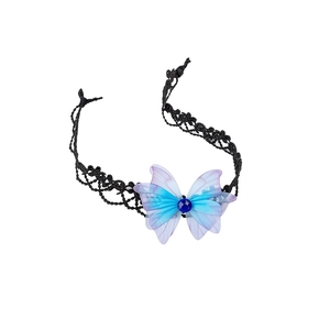 Elegant black lace choker featuring a gradient blue chiffon butterfly with gemstone.