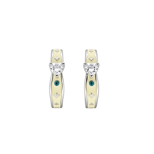 Elegant silver needle heart earrings with sparkling zircon and teal accents.