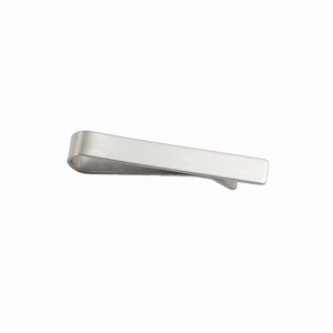 Detailed side view of silver brushed stainless steel tie clip for men's shirts