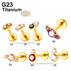 G23 titanium push-fit labret studs with colorful cubic zirconia stone inlays for piercings