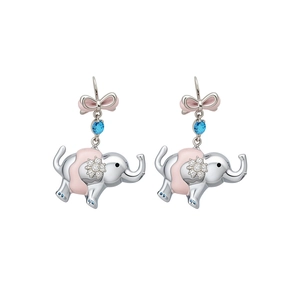 Adorable sterling silver elephant drop earrings with pink bow and blue cubic zirconia