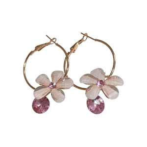 Elegant rose gold hoop earrings with white resin flowers and sparkling pink crystals