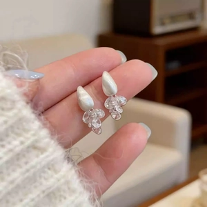 Close-up of silver brushed teardrop earrings with sparkling zircon clusters for women.