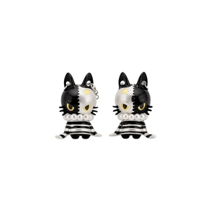 Asymmetrical cat stud earrings with pearls and silver needles in black and silver