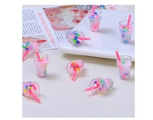 Miniature pink milk tea cup resin charms with colorful sprinkles and straws for DIY crafts