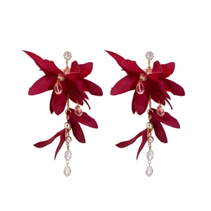 Elegant wine red fabric flower earrings with crystal tassels and silver needle studs.