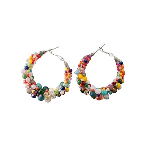 Colorful dopamine style hoop earrings with irregular glass beads and silver needles