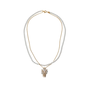 Collana con cesto di fiori in zircone francese con perle bianche e catena oro