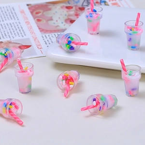Miniature bubble tea resin cups with rainbow sprinkles and straws for DIY crafts