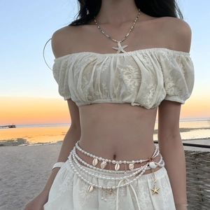 Catenina da Vita Multistrato in Ferro Bohémien con Perle Artificiali Oro Catena Corpo con Pendente Nappa Conchiglia Stella Marina