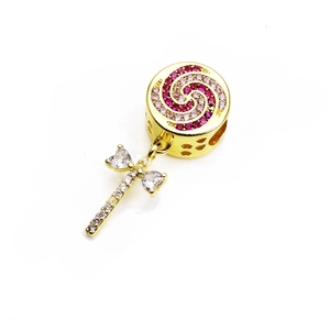 Lollipop charm with pink cubic zirconia and bow decoration for snake chain bracelet