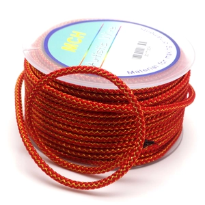 Macro shot of 3.5mm red and gold braided dragon pattern cord on a plastic spool