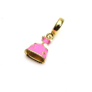 Detailed view of a pink enamel dress charm with gold star patterns and a large bail