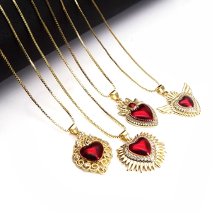 Collier Pendentif Sacré Cœur Émail Rouge Cuivre Zircon Baroque Vintage Or Chaîne Maille Miroir Pour Femme Bijoux Cadeau