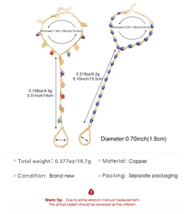 Detailed dimensions and material specifications for Evil Eye and Hamsa hand chain bracelet