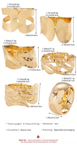 Detailed size and weight specs for six vintage gold-toned geometric iron bangles