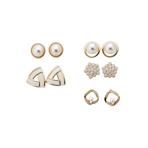 Elegant 5-pair gold geometric pearl stud earring set with crystal accents