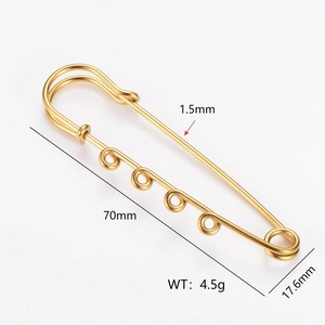 Detail view of 70mm gold-plated 4-hole safety pin with dimensions