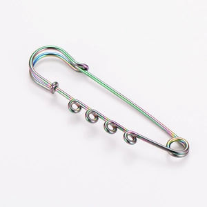 Detailed close-up of rainbow iridescent 4-loop safety pin with smooth metallic finish