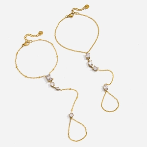 Roestvrij Stalen Gouden Slavenarmband Ring Hart Parel Strass Handketting Ring Voor Vrouwen Geometrische Sieraden